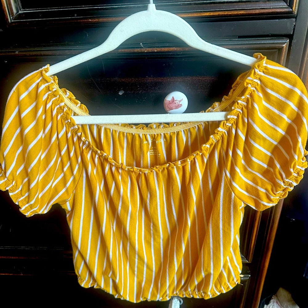 American Eagle Yellow and White Striped Blouse - Small